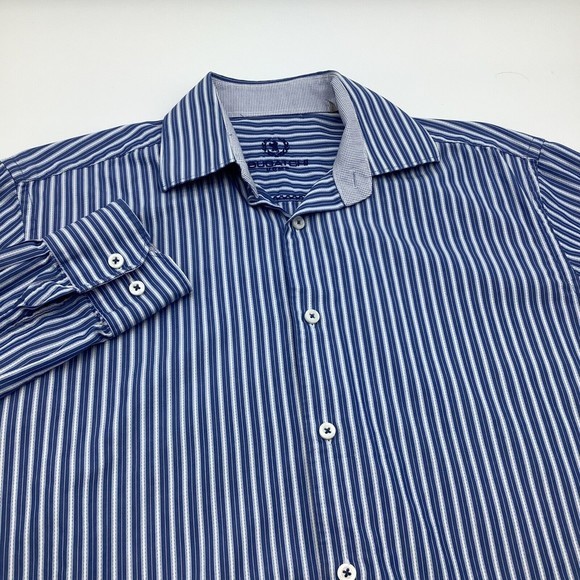 Bugatchi Mens Long Sleeve‎ Button Up Shirt Blue Striped Size Medium - Picture 1 of 7
